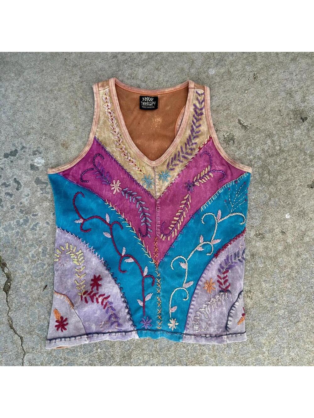 Shop Therapy Y2K Boho Embroidered V-Neck Tank Top Made in Nepal (M/L)